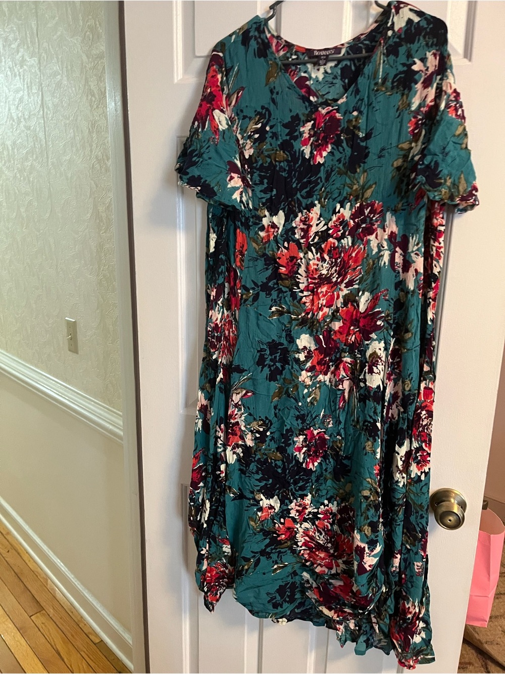 Roaman's Teal Floral Midi Dress with Pink, Red & Cream Accents size L petite